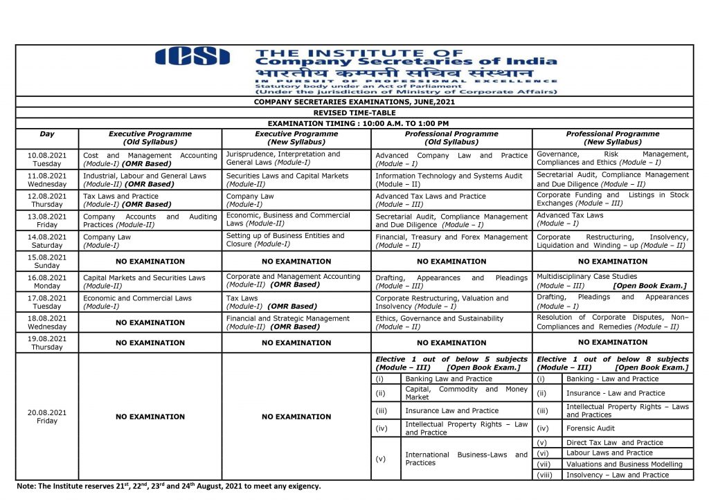 Revised Examination Time Table for CS Examinations June 2021