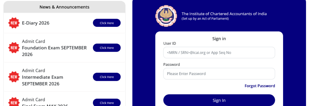 ICAI Self Services Login Portal