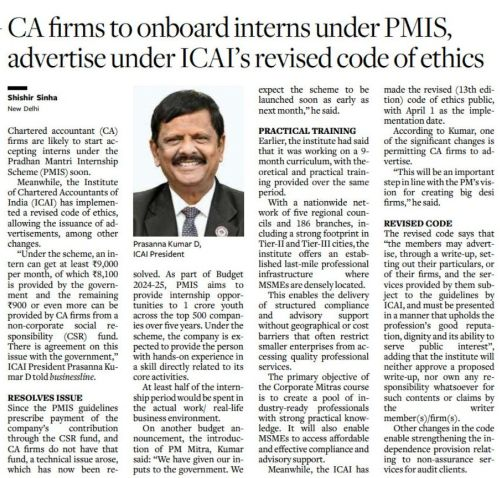 ICAI President CA Prasanna Kumar D announced